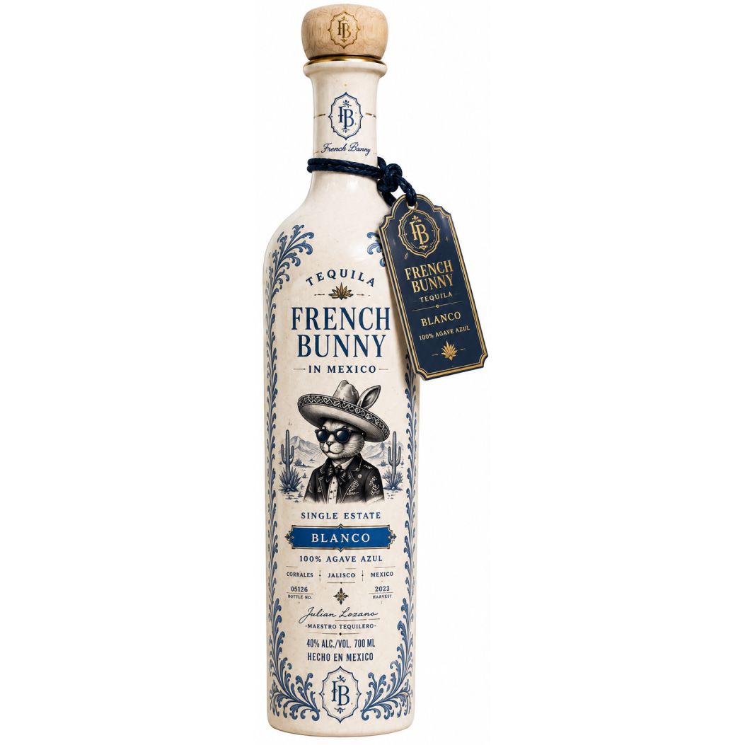 Tequila,  French Bunny, 100% BLUE WEBER AGAVE, Blanco, Zero Additives , 750 mL  , 40% , Luxury Ceramic Bottle